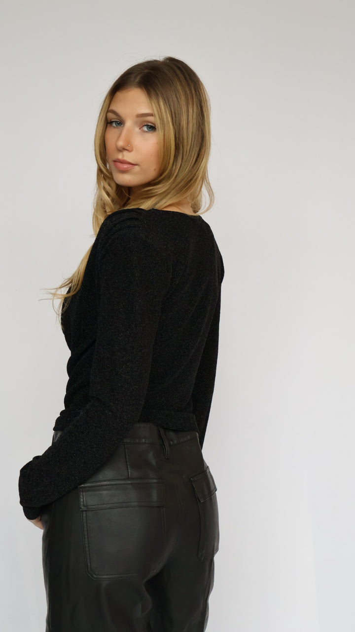 Long Sleeve Shimmer Cowl Neck Top