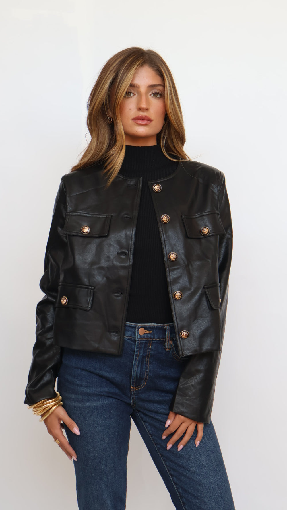 Vegan Leather Gold Button Jacket