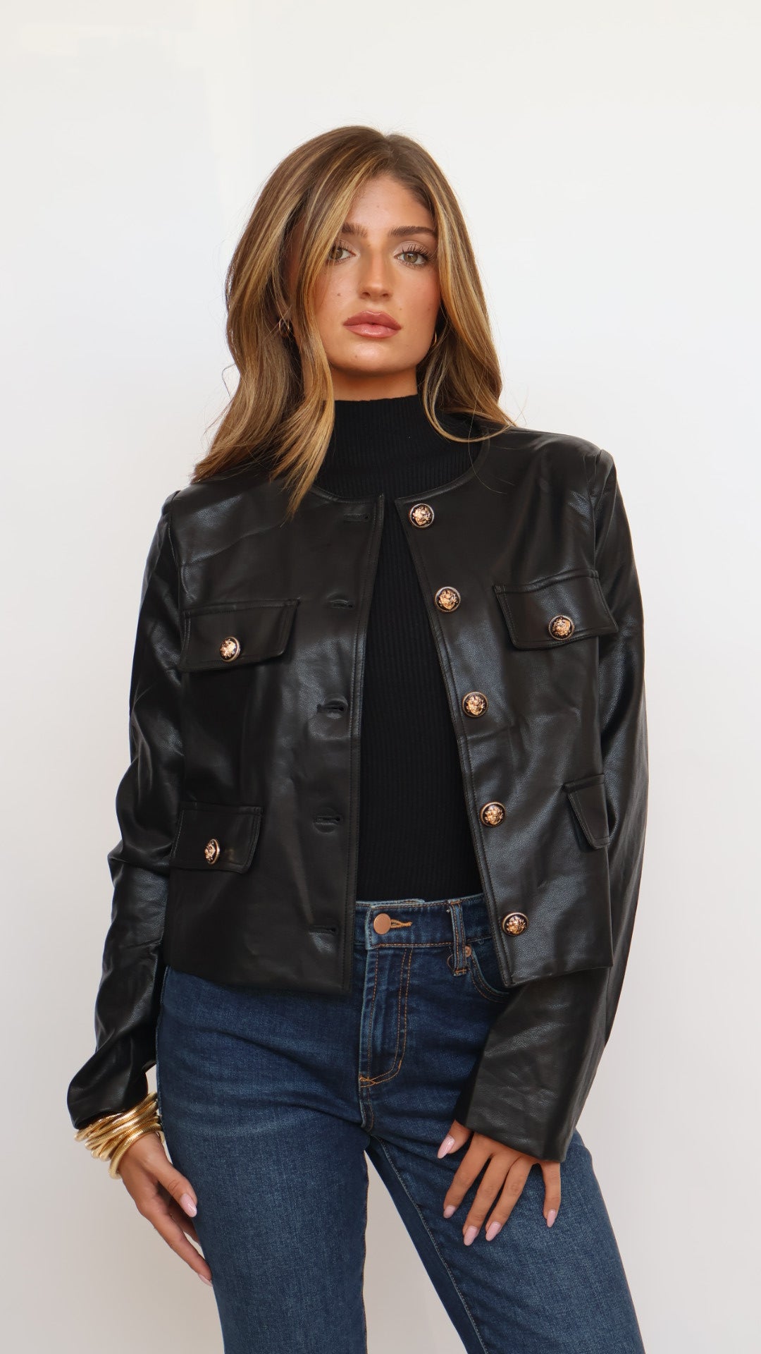 Vegan Leather Gold Button Jacket