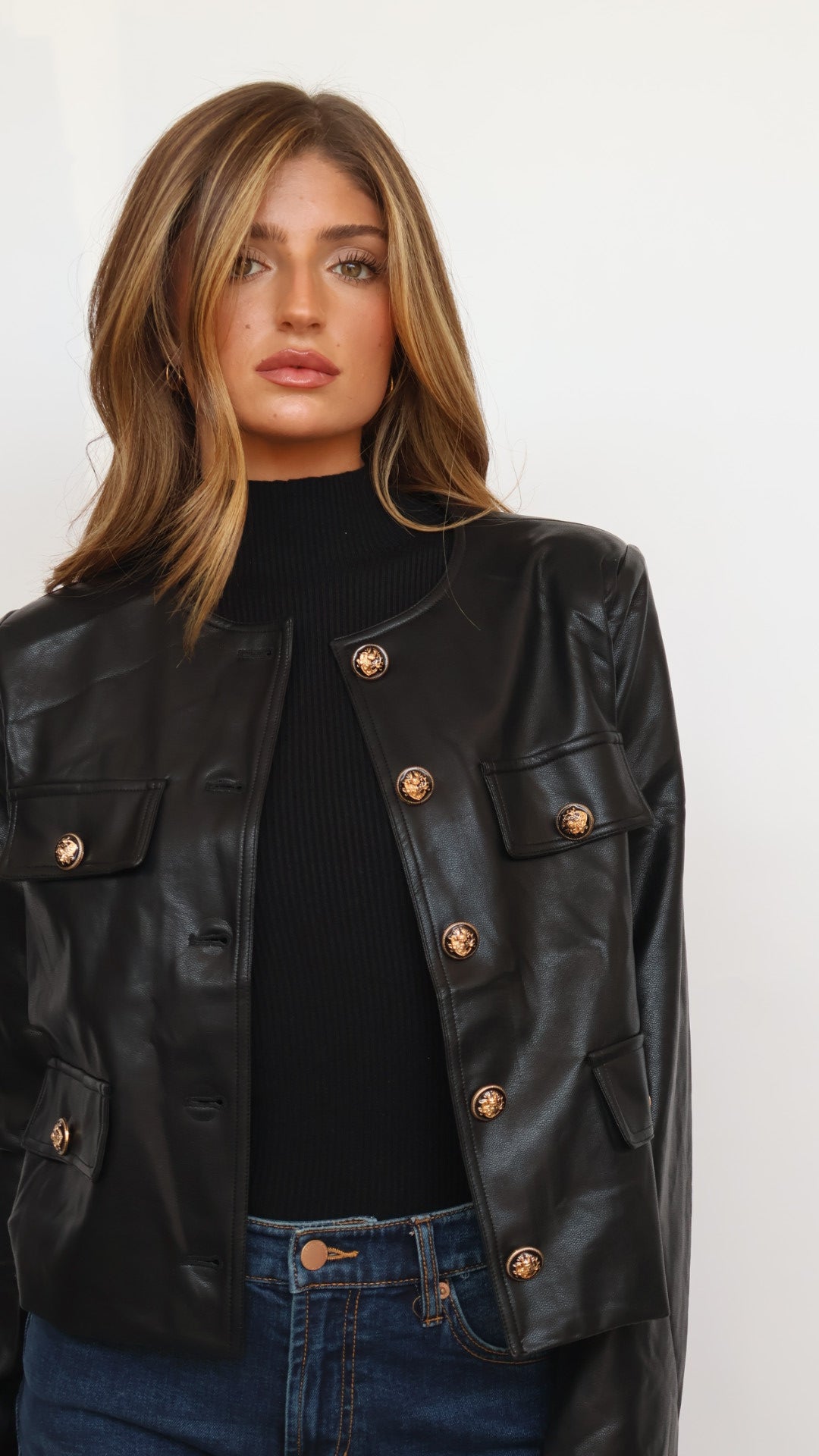 Vegan Leather Gold Button Jacket