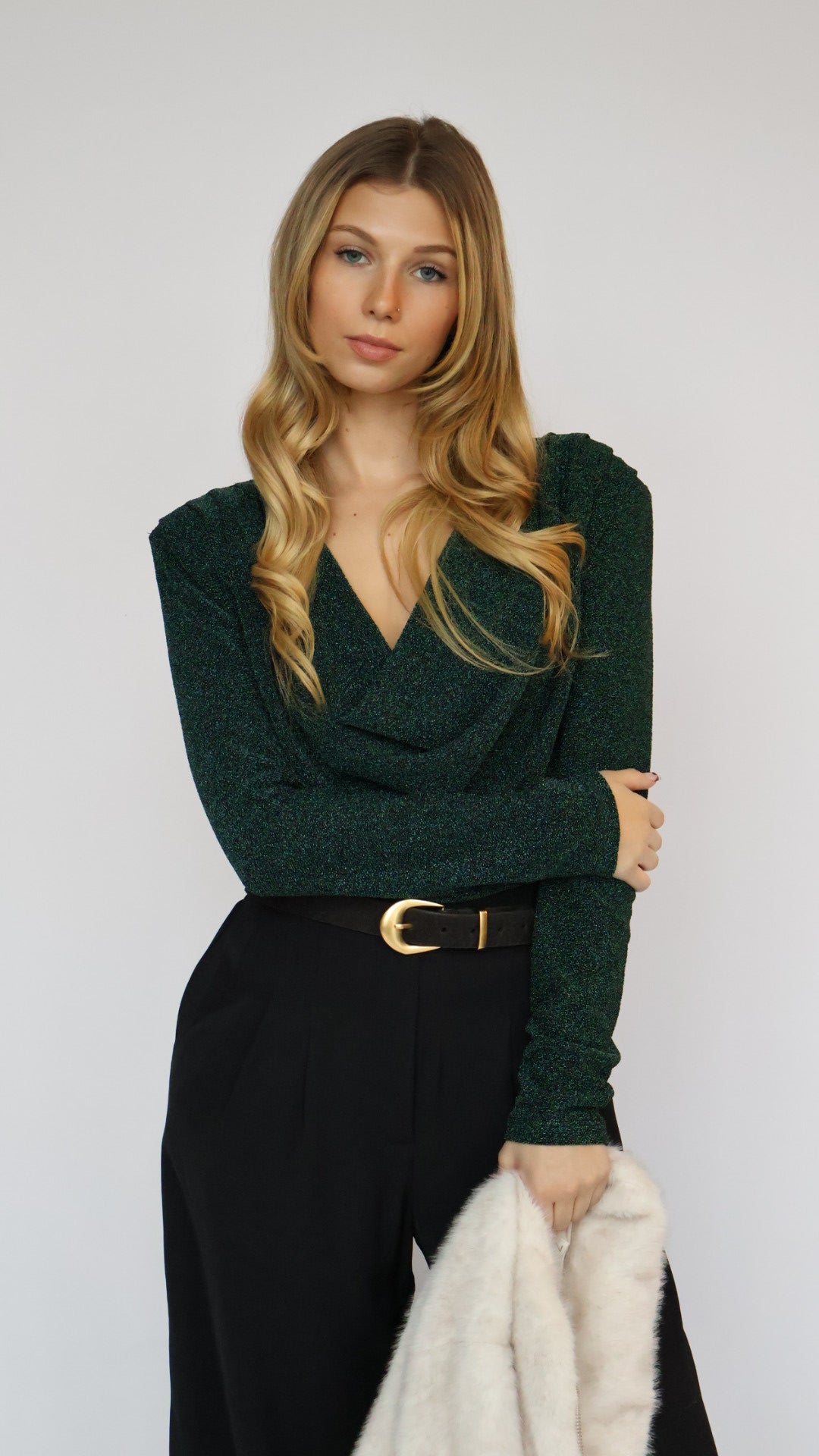 Long Sleeve Shimmer Cowl Neck Top