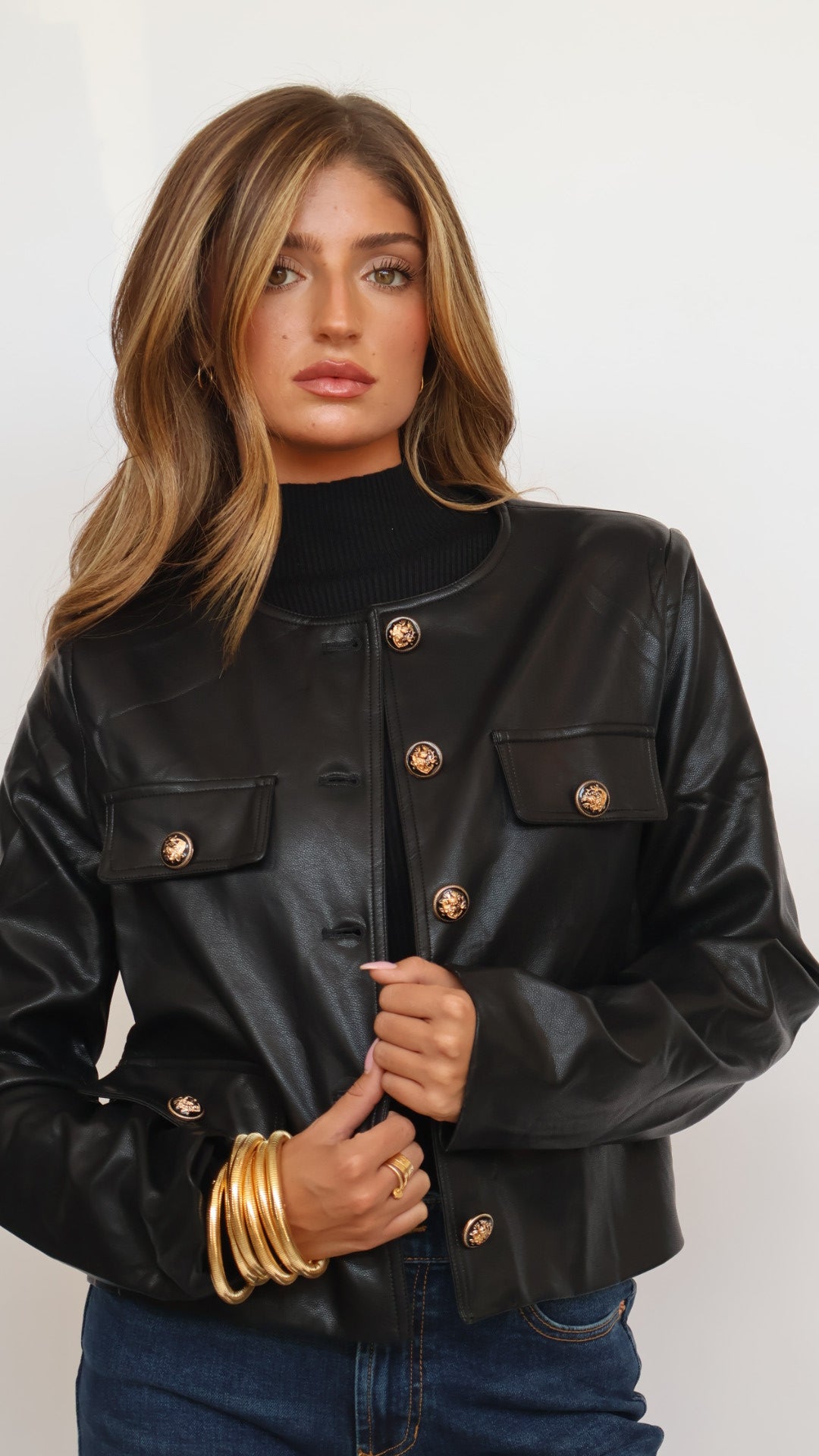 Vegan Leather Gold Button Jacket