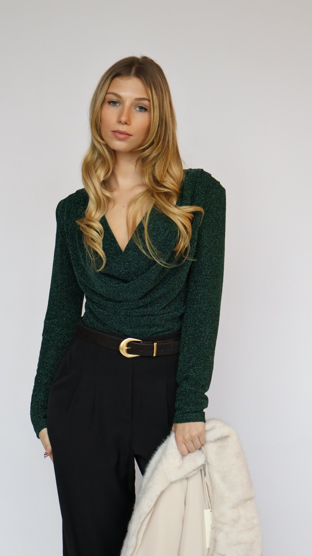 Long Sleeve Shimmer Cowl Neck Top