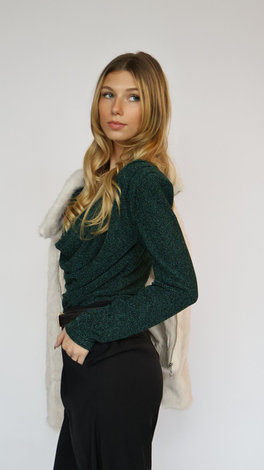 Long Sleeve Shimmer Cowl Neck Top