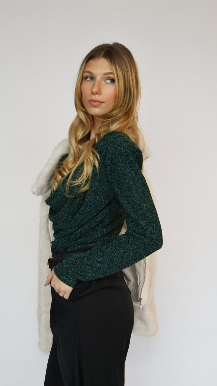 Long Sleeve Shimmer Cowl Neck Top