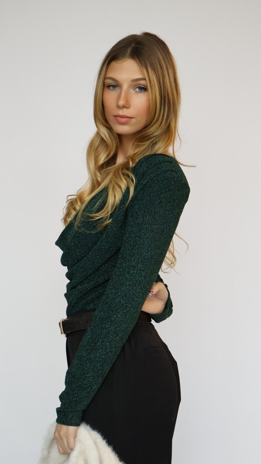 Long Sleeve Shimmer Cowl Neck Top