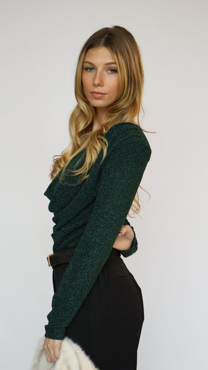 Long Sleeve Shimmer Cowl Neck Top