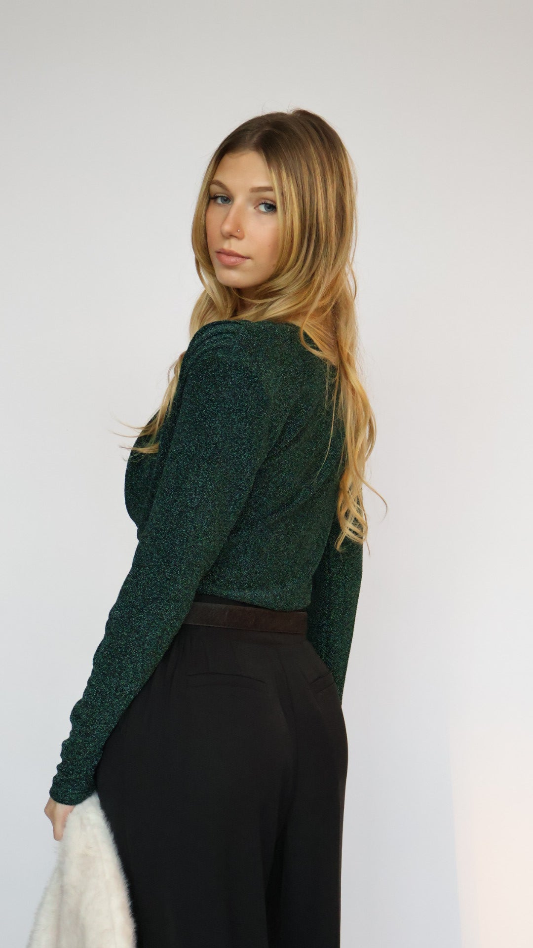 Long Sleeve Shimmer Cowl Neck Top