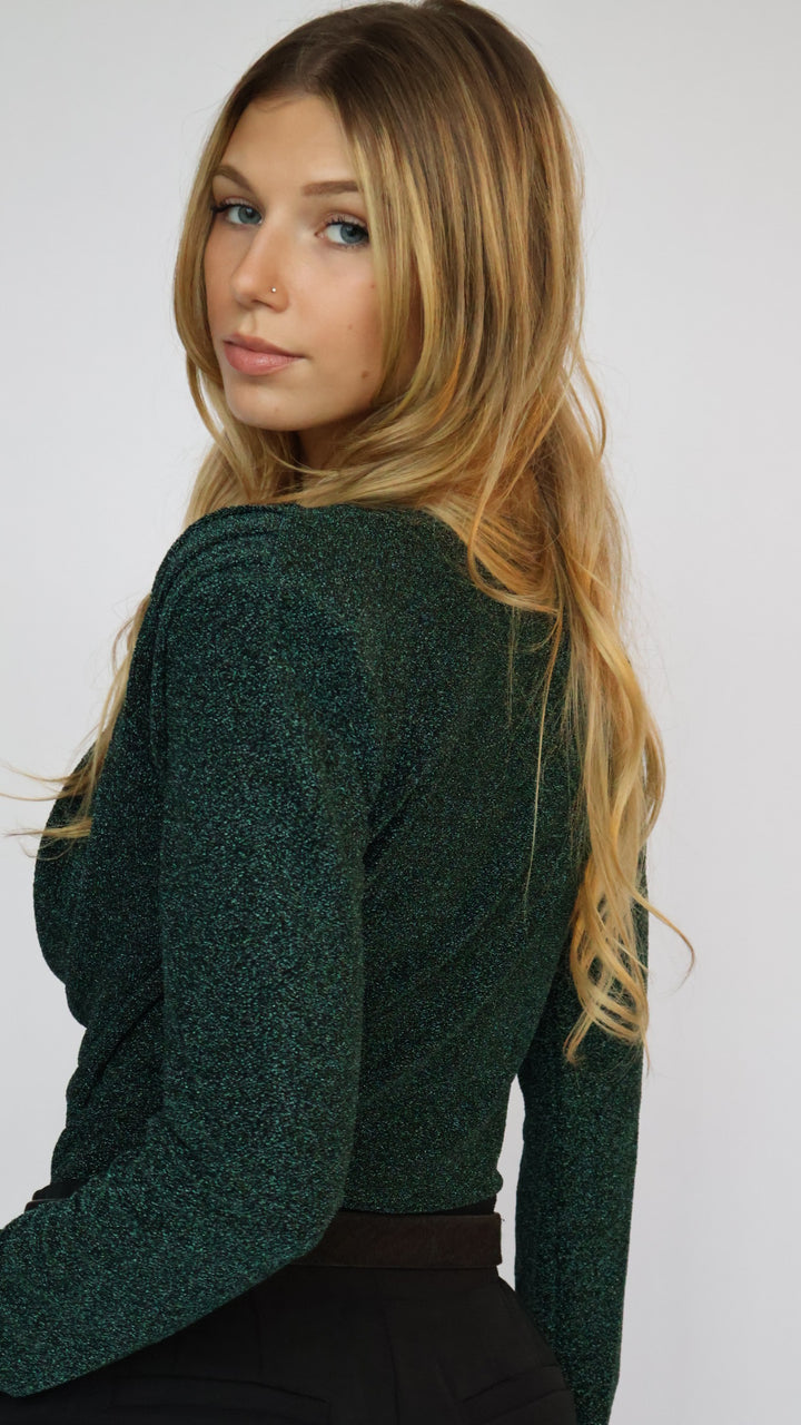 Long Sleeve Shimmer Cowl Neck Top