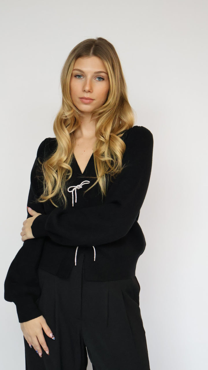 Rhinestone Bow Detail Knit Cardigan