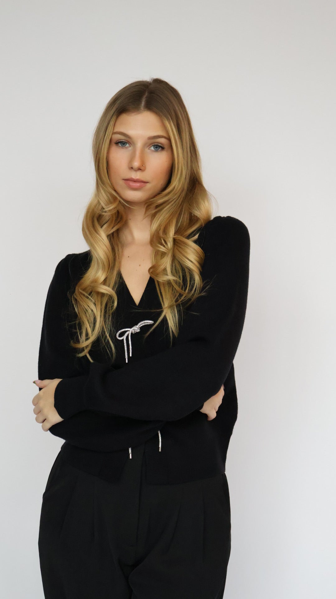 Rhinestone Bow Detail Knit Cardigan