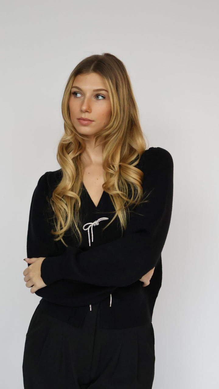 Rhinestone Bow Detail Knit Cardigan