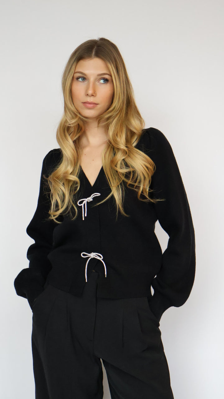 Rhinestone Bow Detail Knit Cardigan