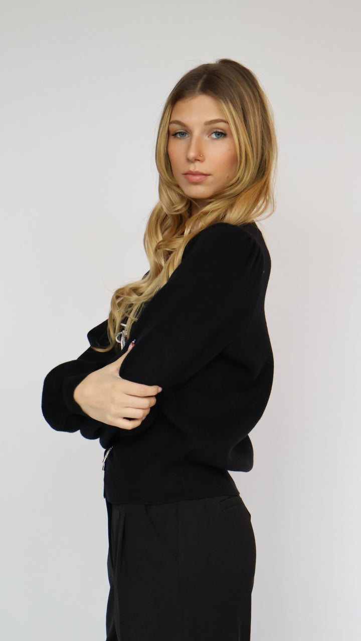 Rhinestone Bow Detail Knit Cardigan