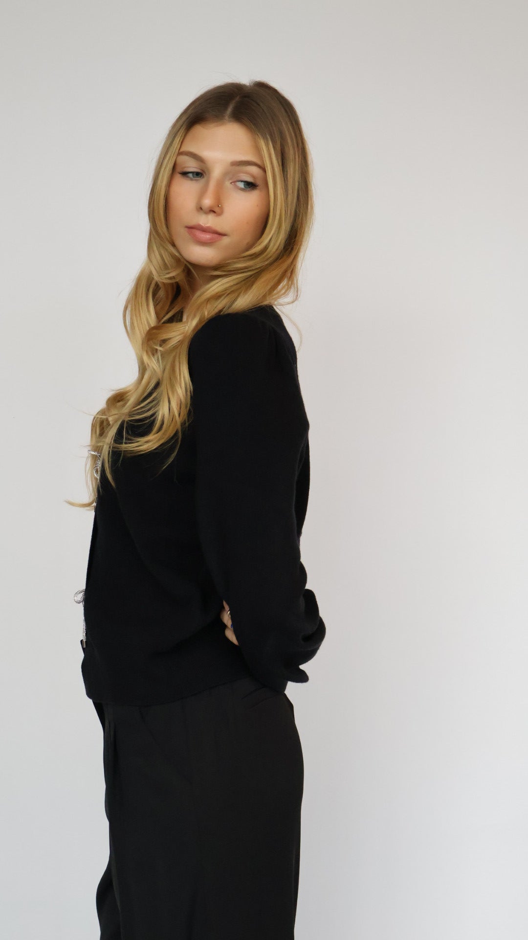 Rhinestone Bow Detail Knit Cardigan