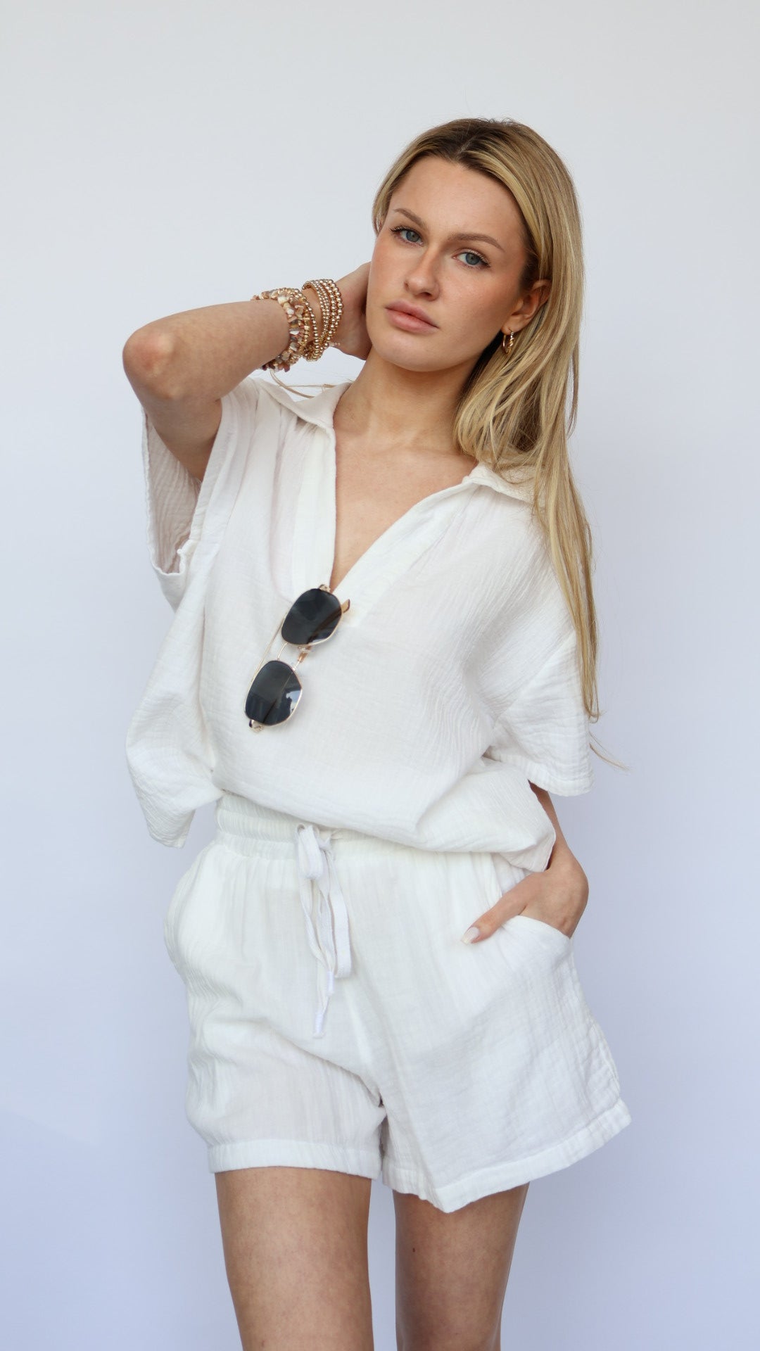 Paulette Gauze V Neck Top