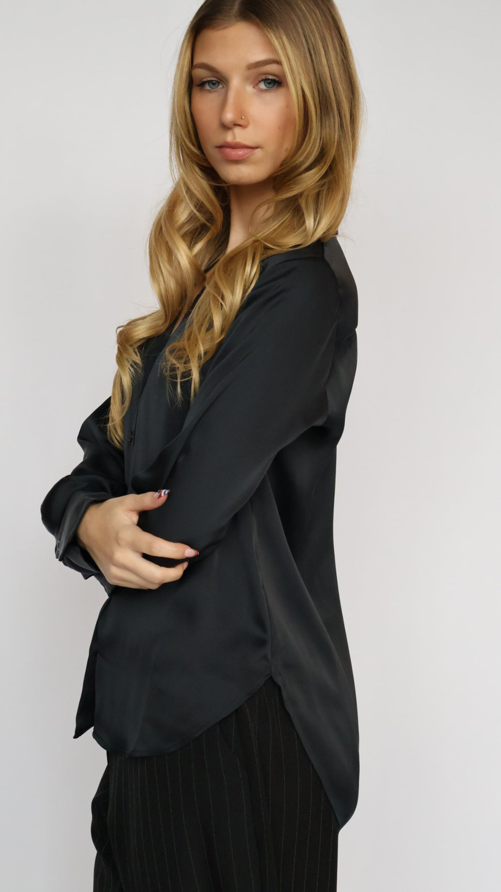 Black Classic Satin Button Down Blouse