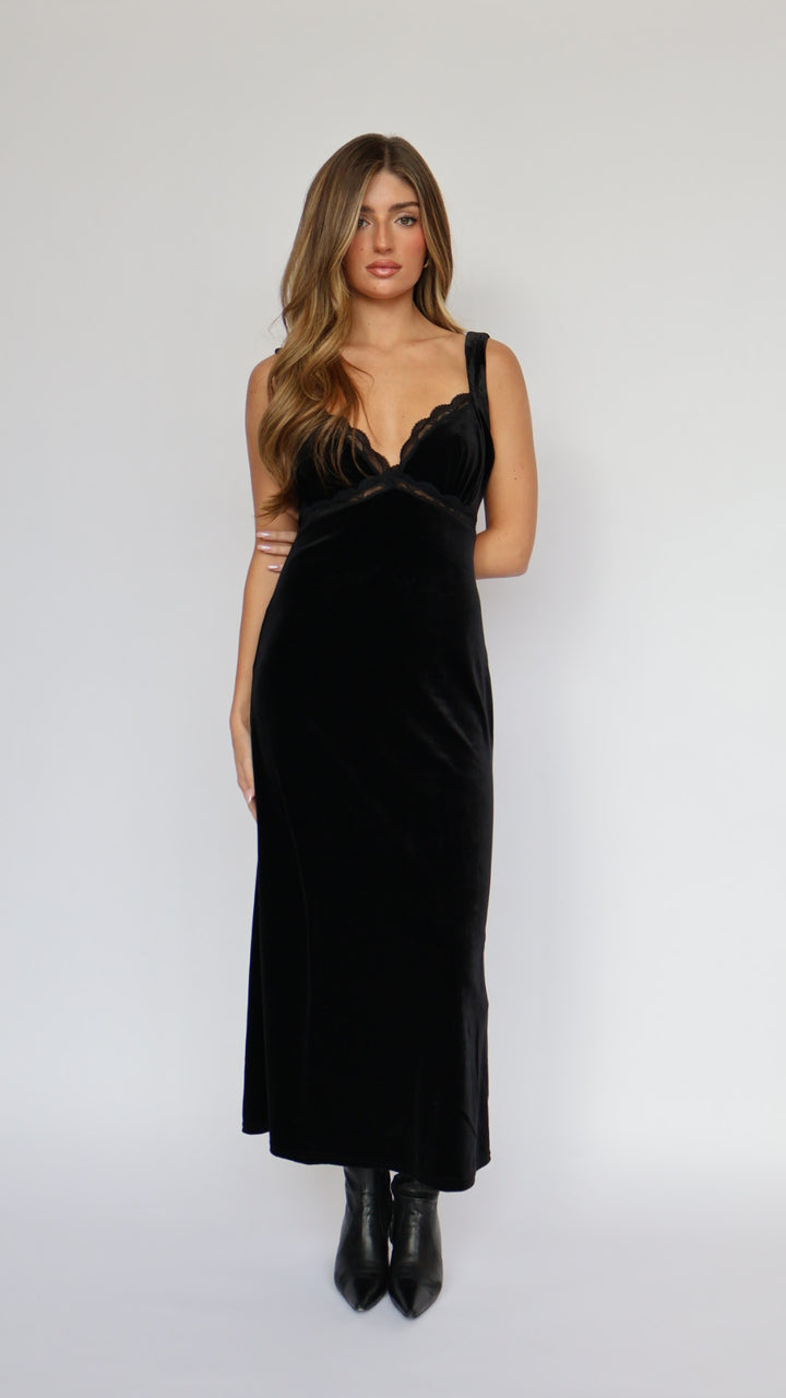 Lost + Wander Velvet Maxi Slip Dress with Lace Detail