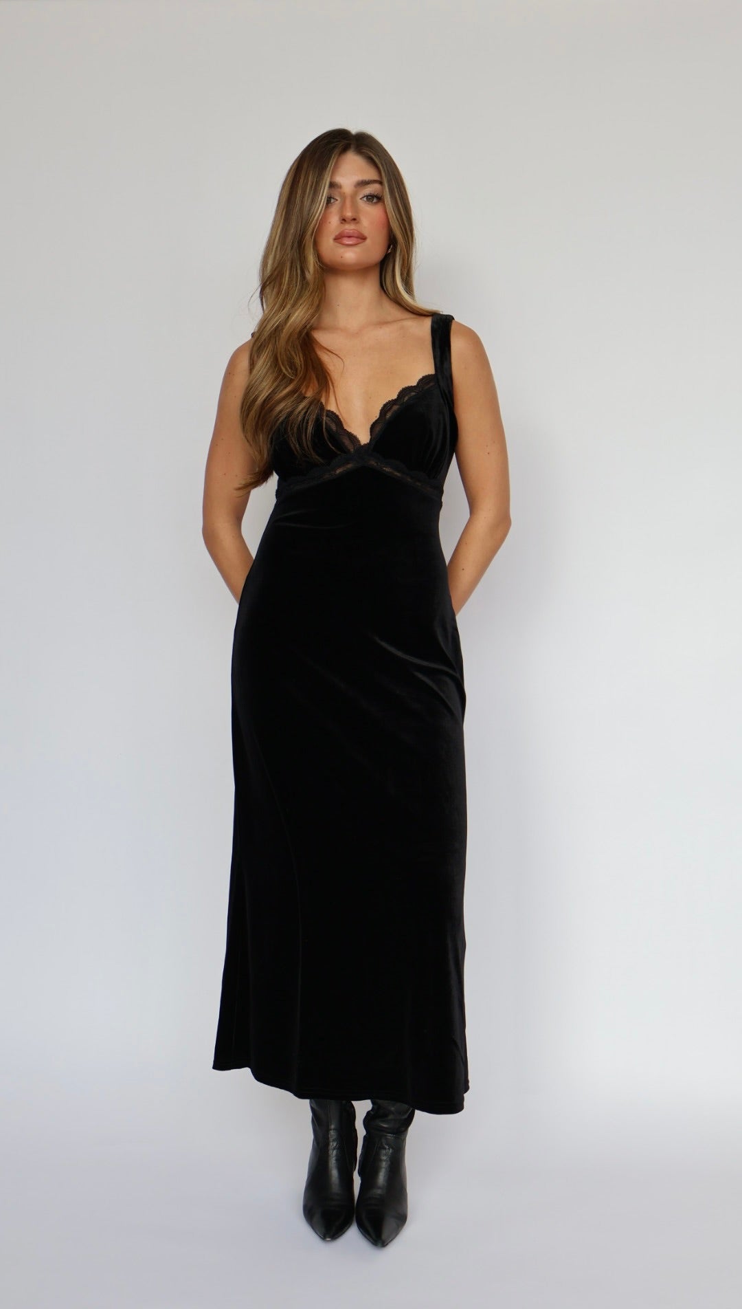 Lost + Wander Velvet Maxi Slip Dress with Lace Detail