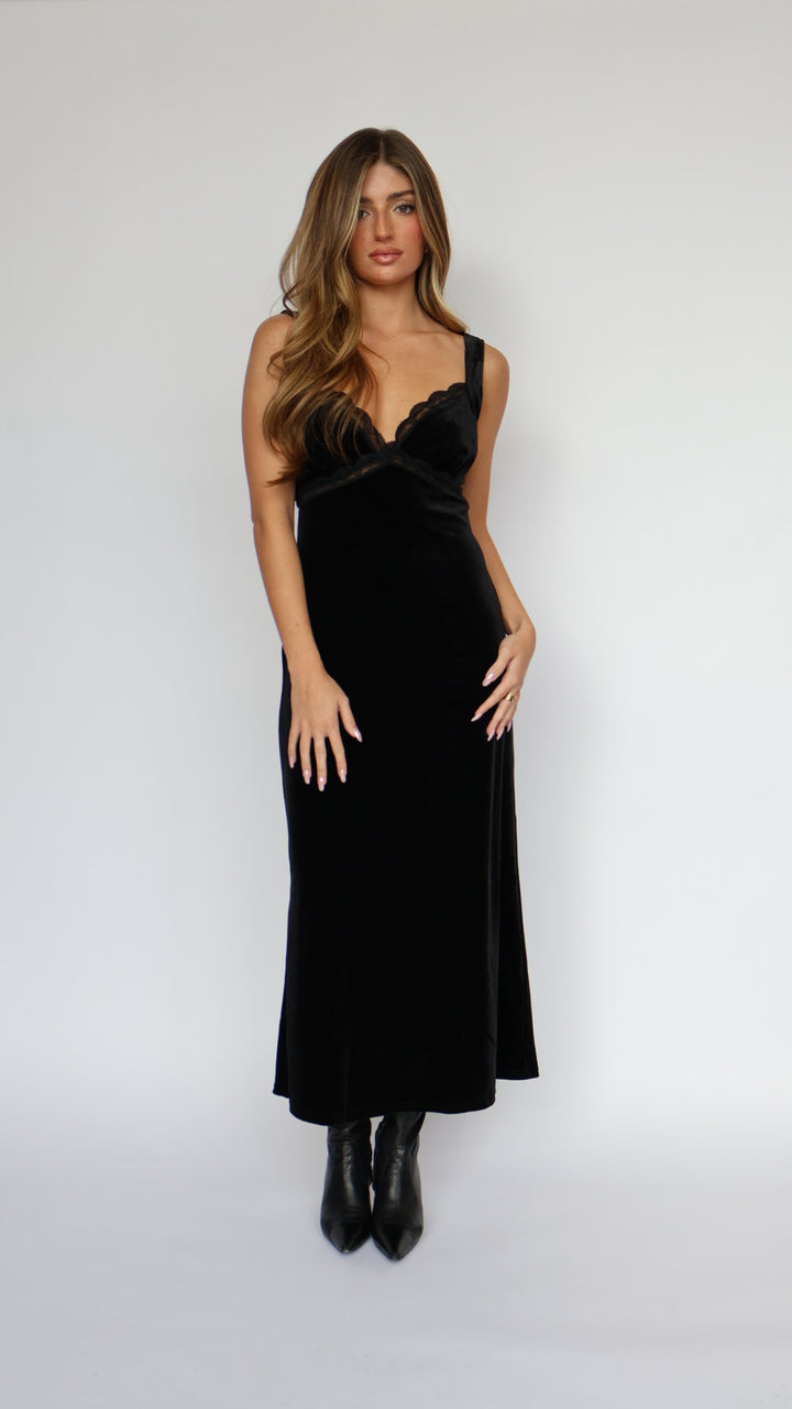Lost + Wander Velvet Maxi Slip Dress with Lace Detail