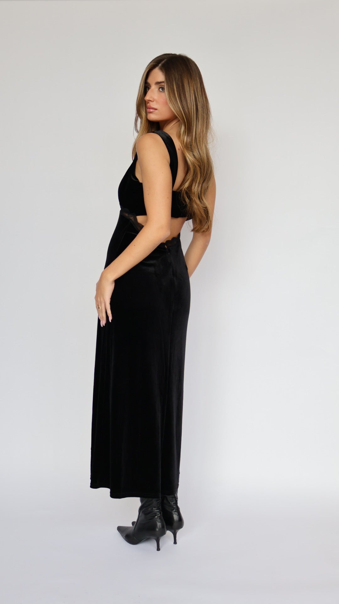 Lost + Wander Velvet Maxi Slip Dress with Lace Detail