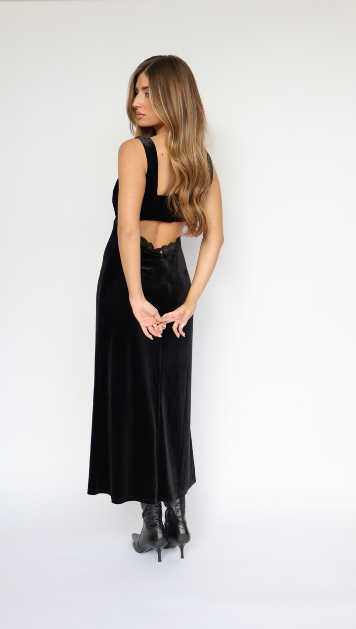 Lost + Wander Velvet Maxi Slip Dress with Lace Detail