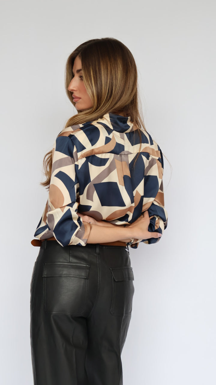Geometric Print Silk Button-Down Shirt