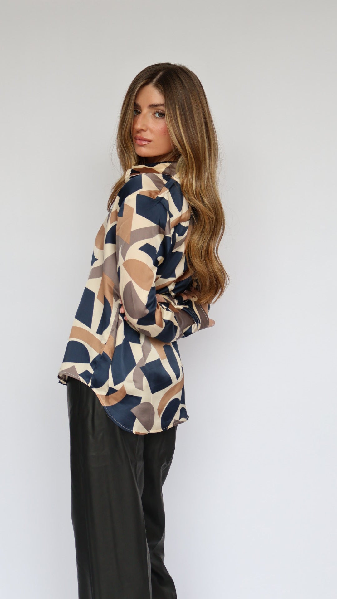 Geometric Print Silk Button-Down Shirt