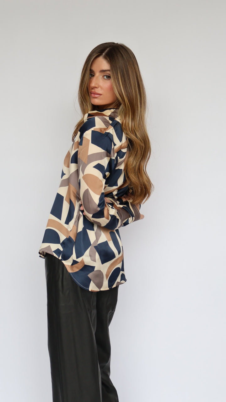 Geometric Print Silk Button-Down Shirt