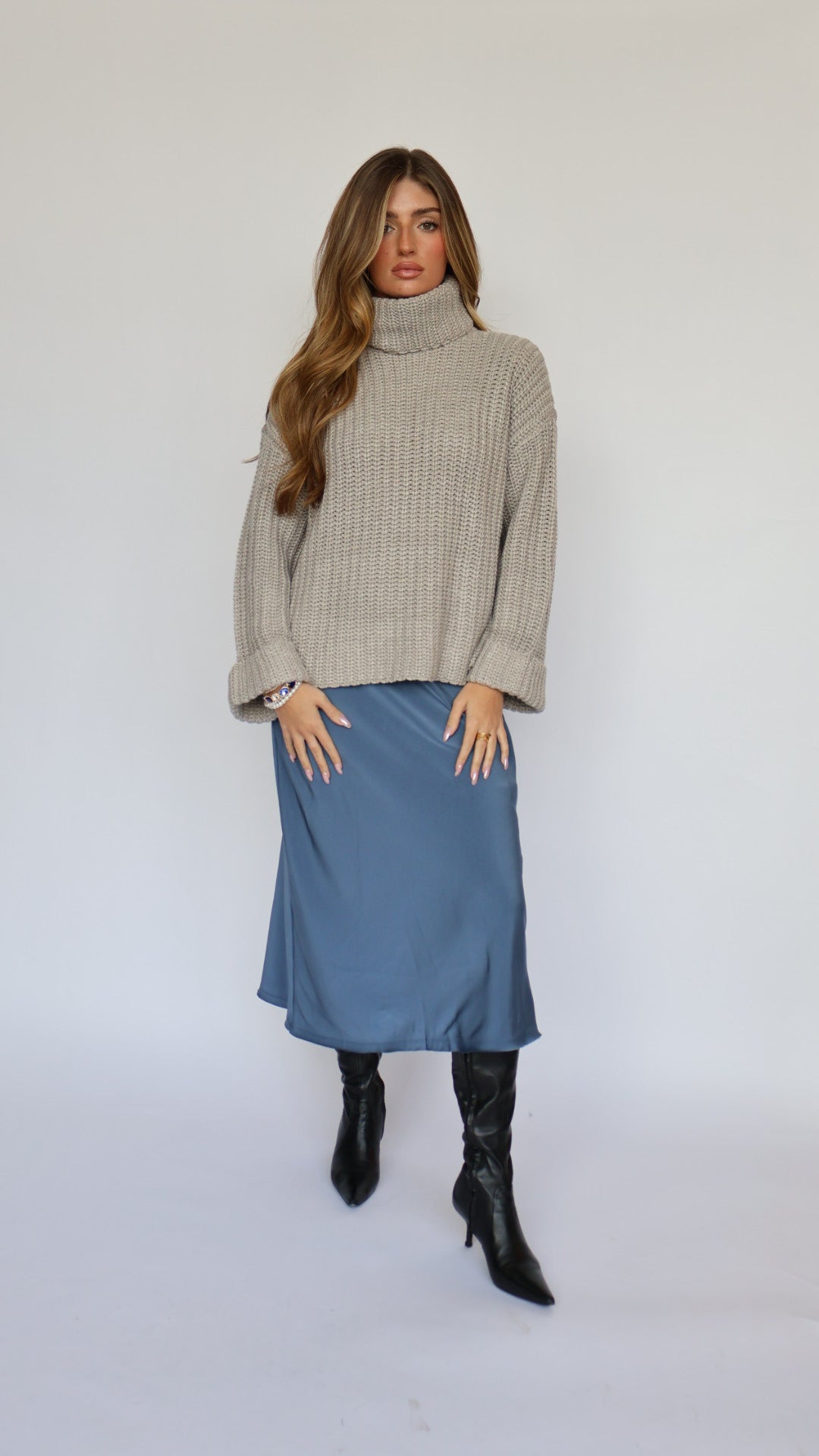 Blue Satin Midi Skirt