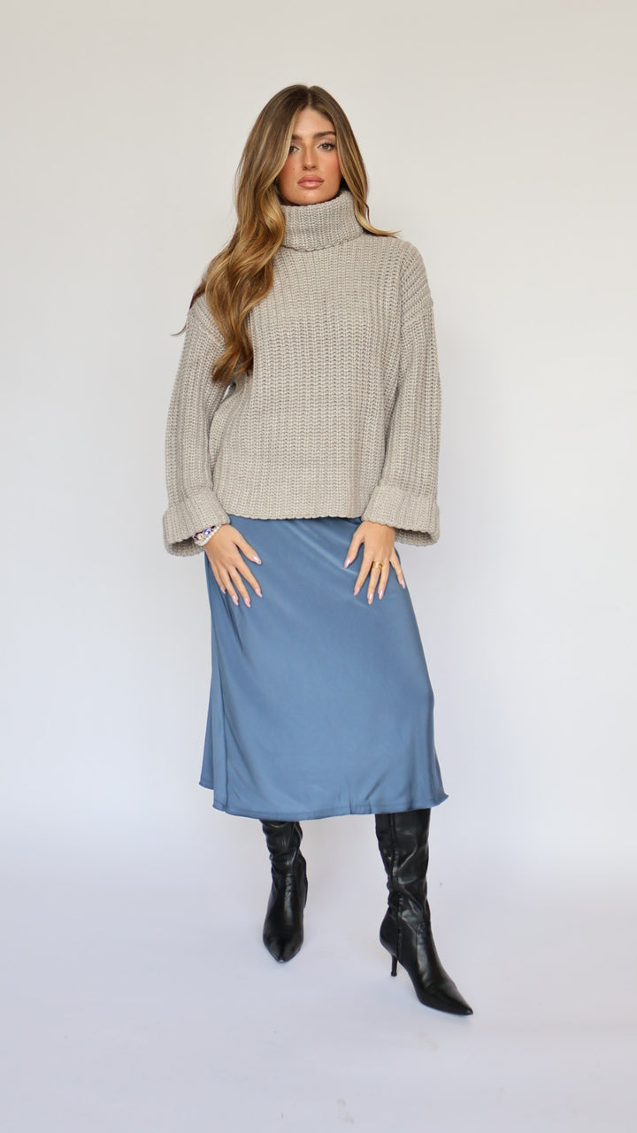 Blue Satin Midi Skirt