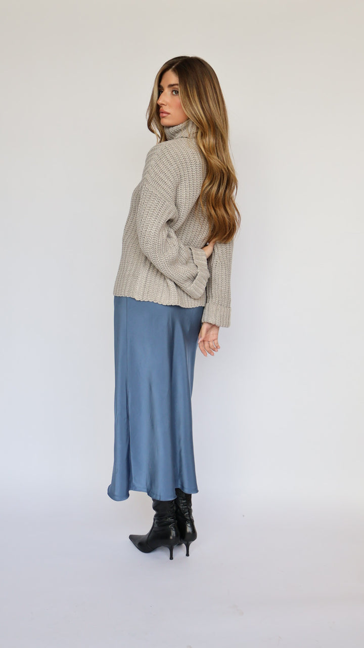 Blue Satin Midi Skirt