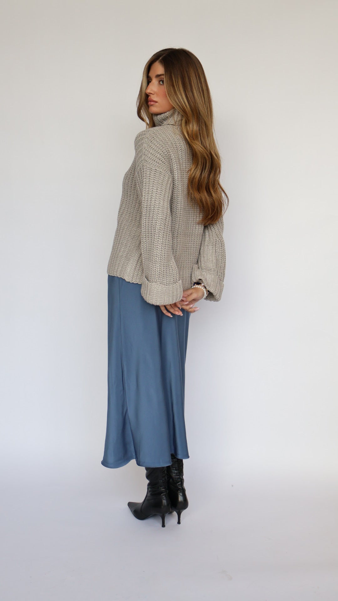 Blue Satin Midi Skirt