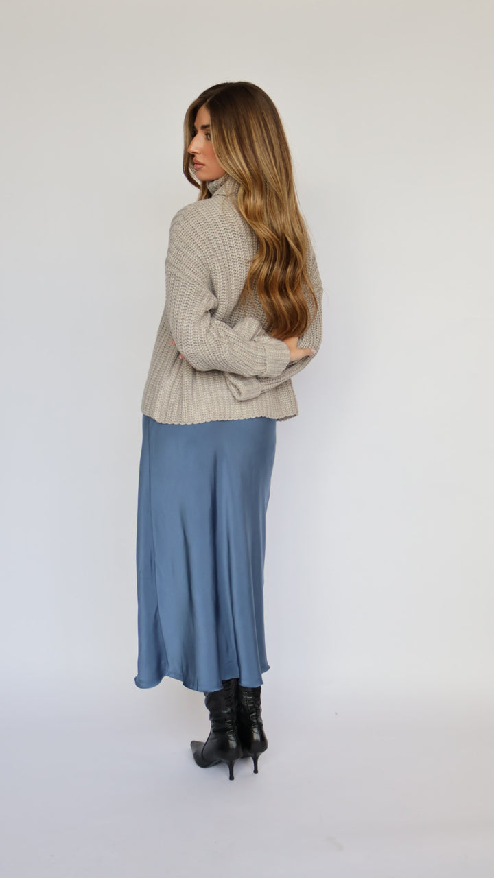 Blue Satin Midi Skirt