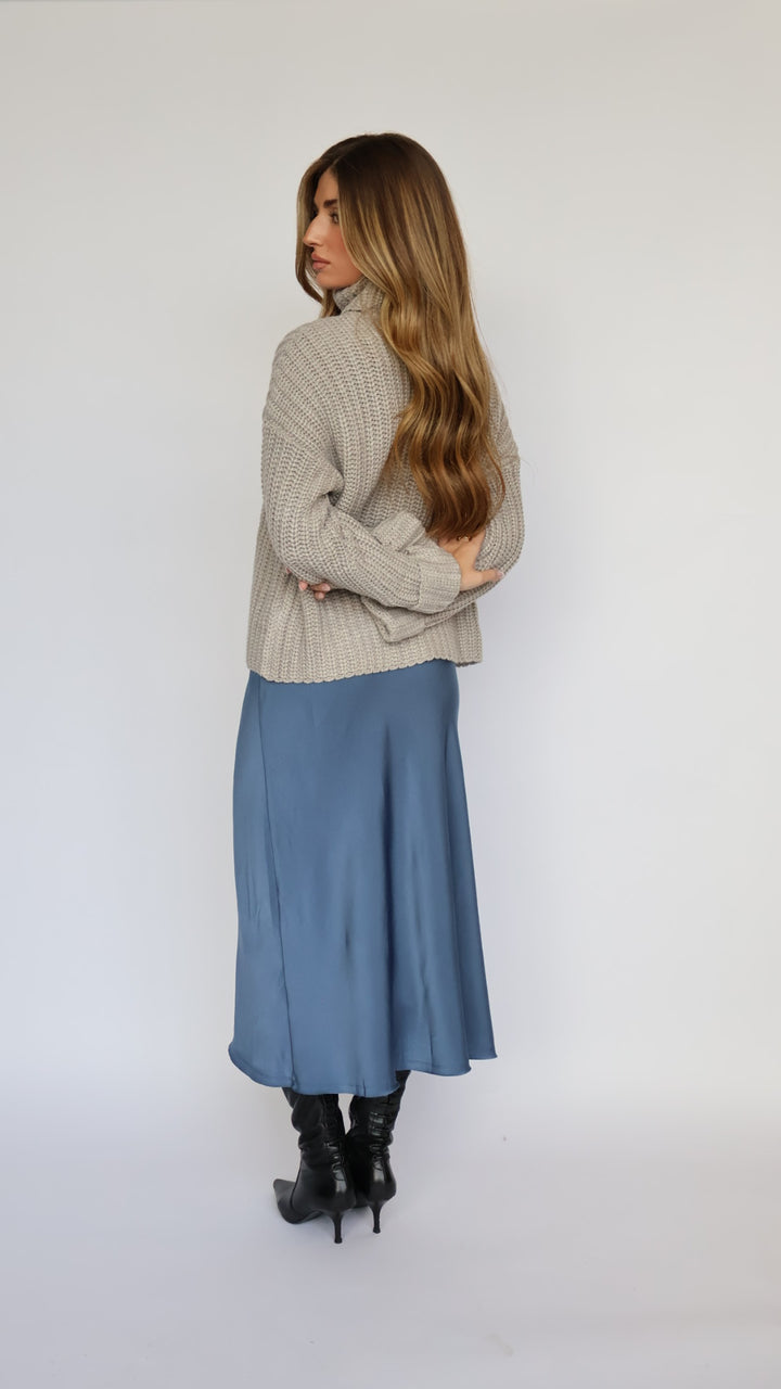 Blue Satin Midi Skirt