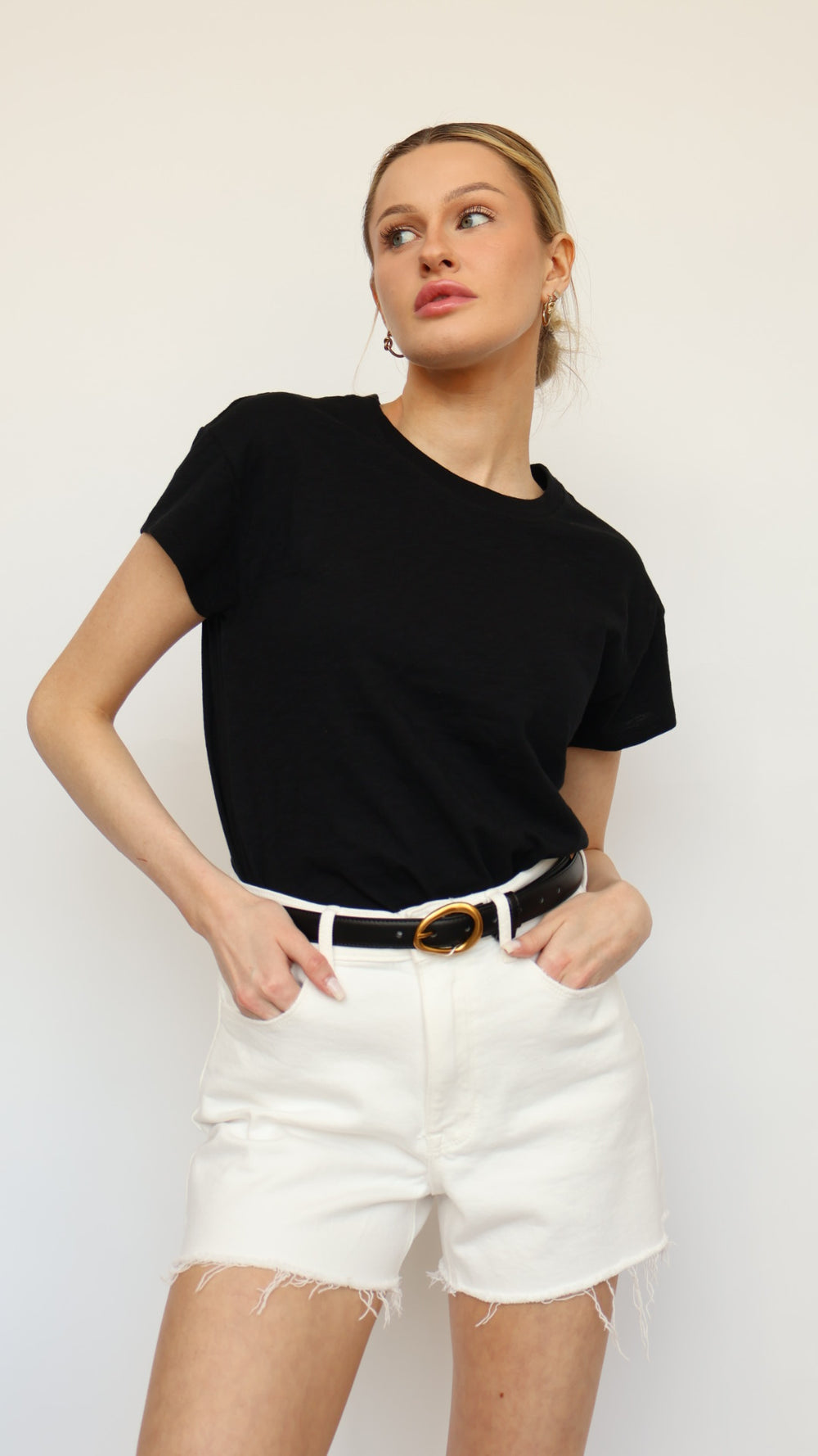 Stretchy High Rise White Denim Shorts