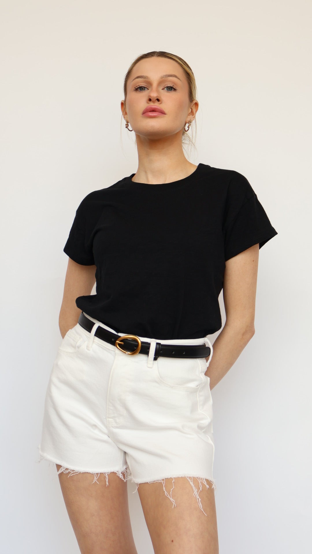 Stretchy High Rise White Denim Shorts