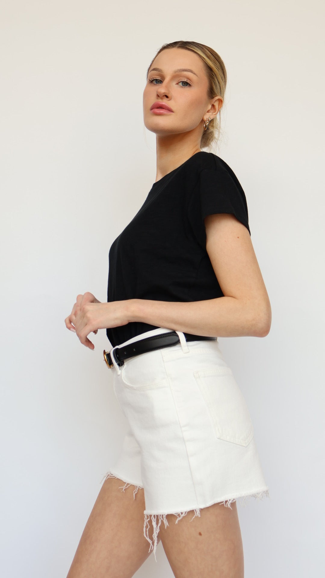 Stretchy High Rise White Denim Shorts