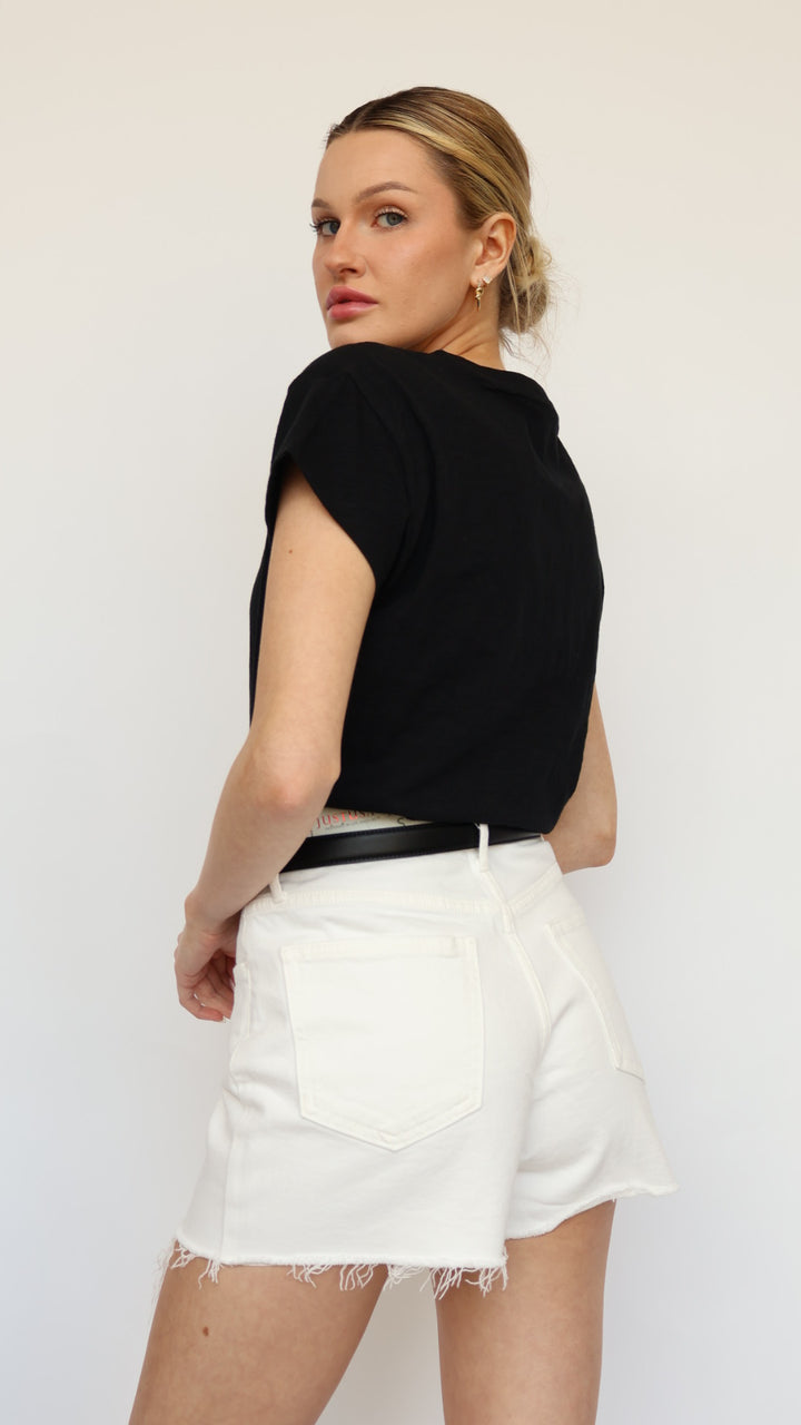 Stretchy High Rise White Denim Shorts