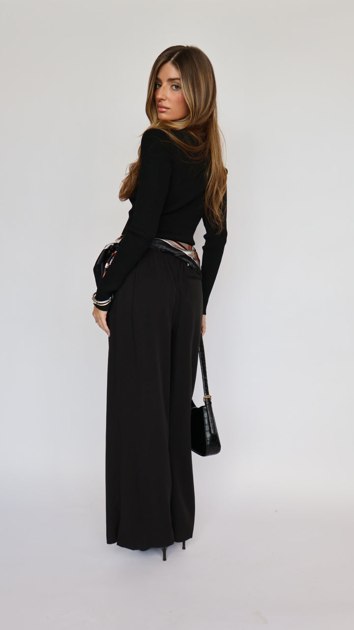 Wide Leg Flat Front Pants With Elastic Waist