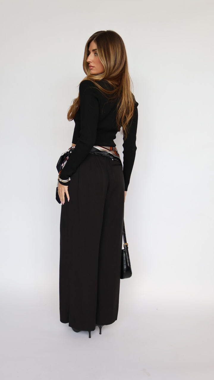 Wide Leg Flat Front Pants With Elastic Waist