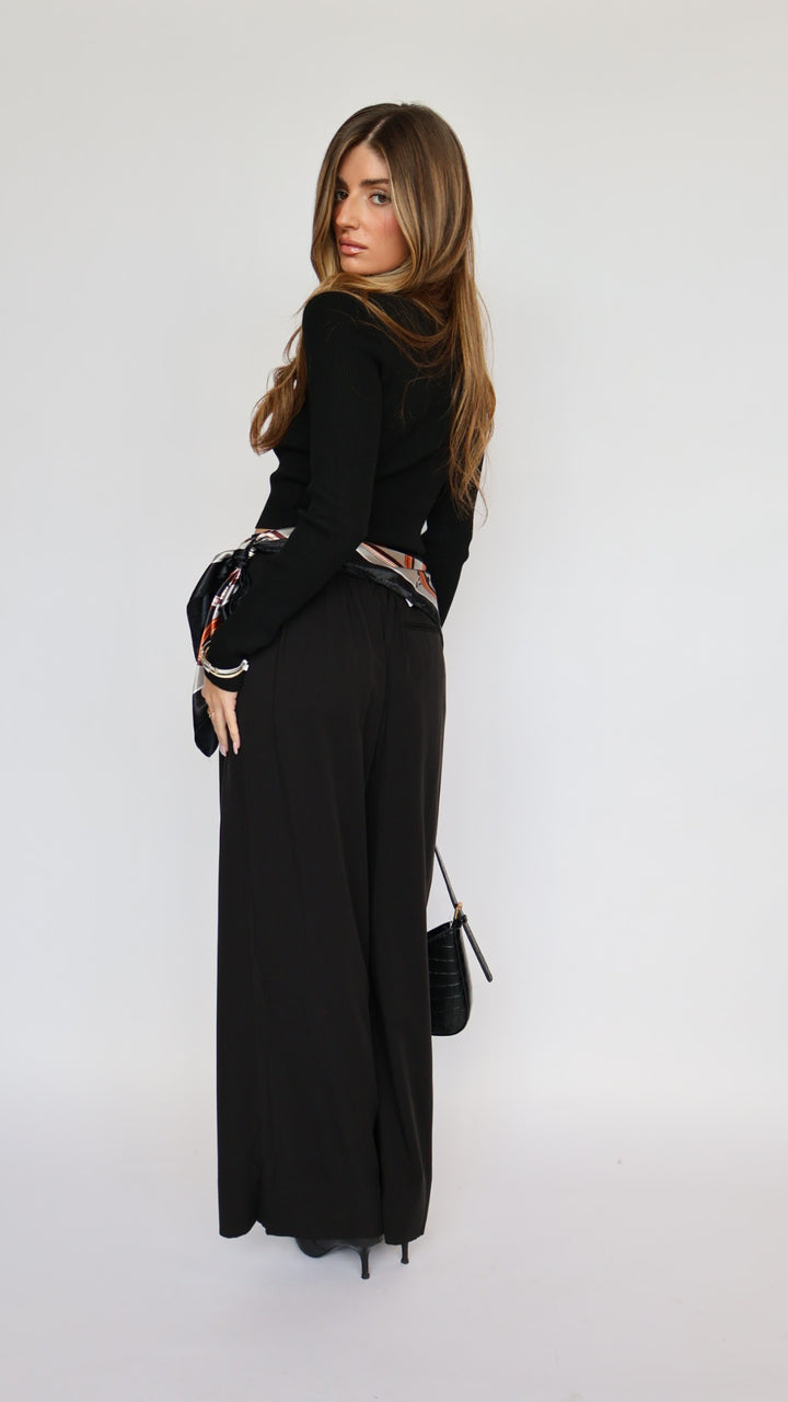 Wide Leg Flat Front Pants With Elastic Waist