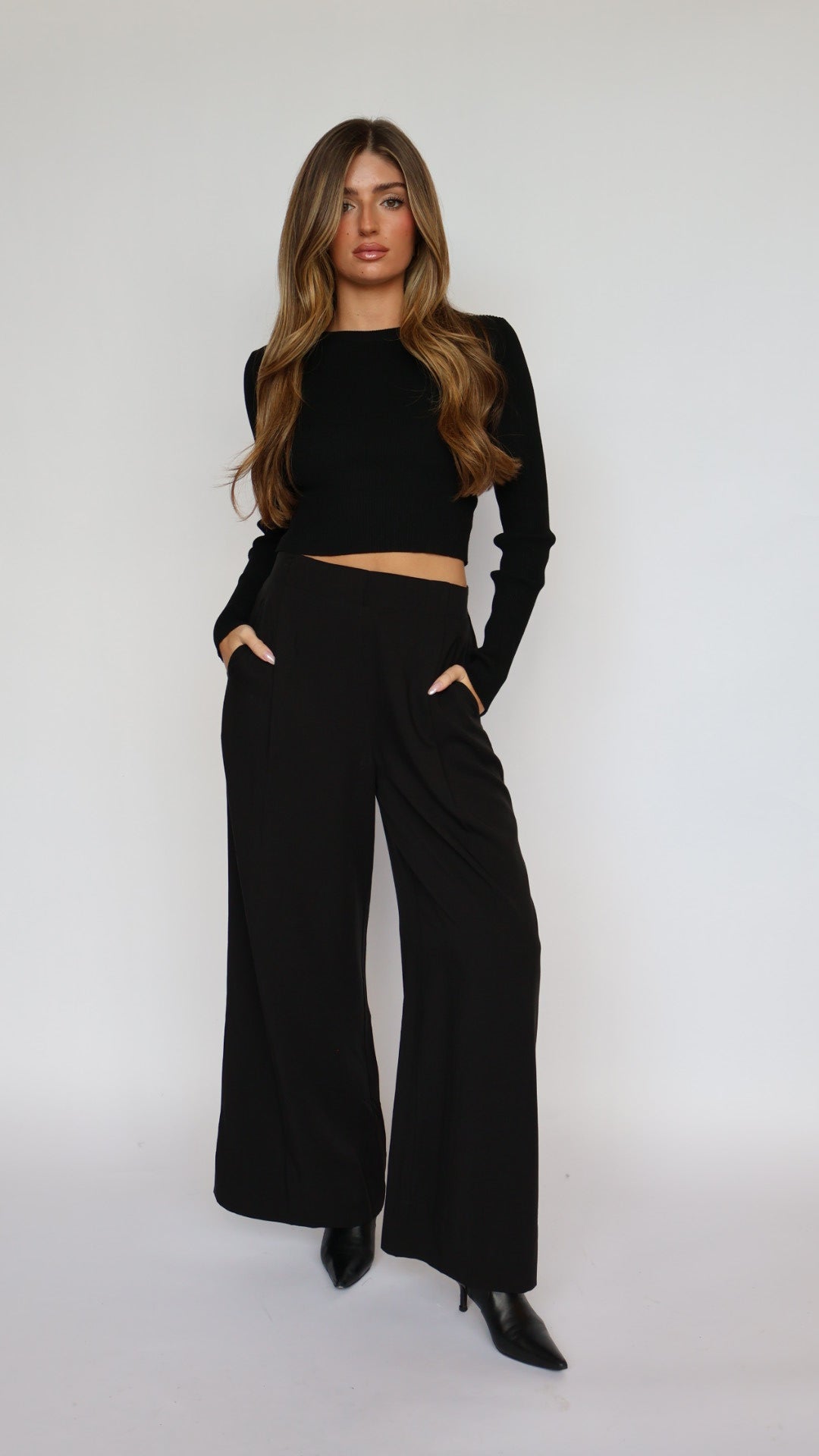 Wide Leg Flat Front Pants With Elastic Waist