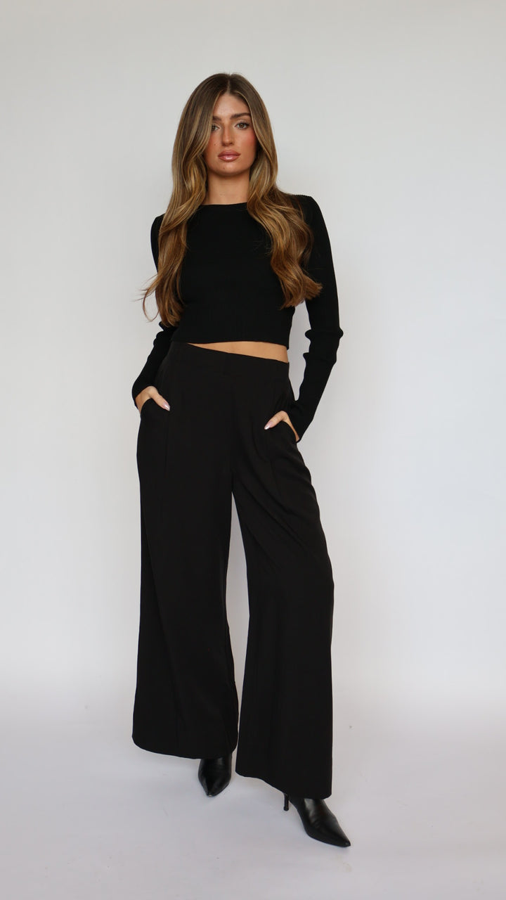 Wide Leg Flat Front Pants With Elastic Waist