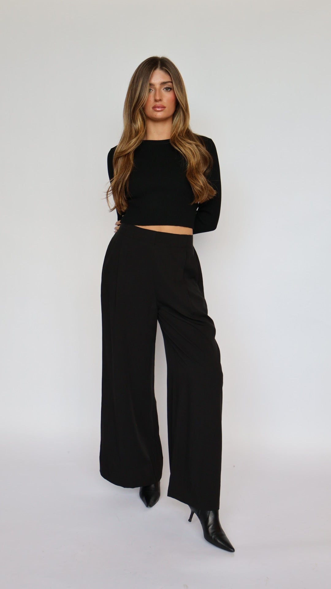 Wide Leg Flat Front Pants With Elastic Waist