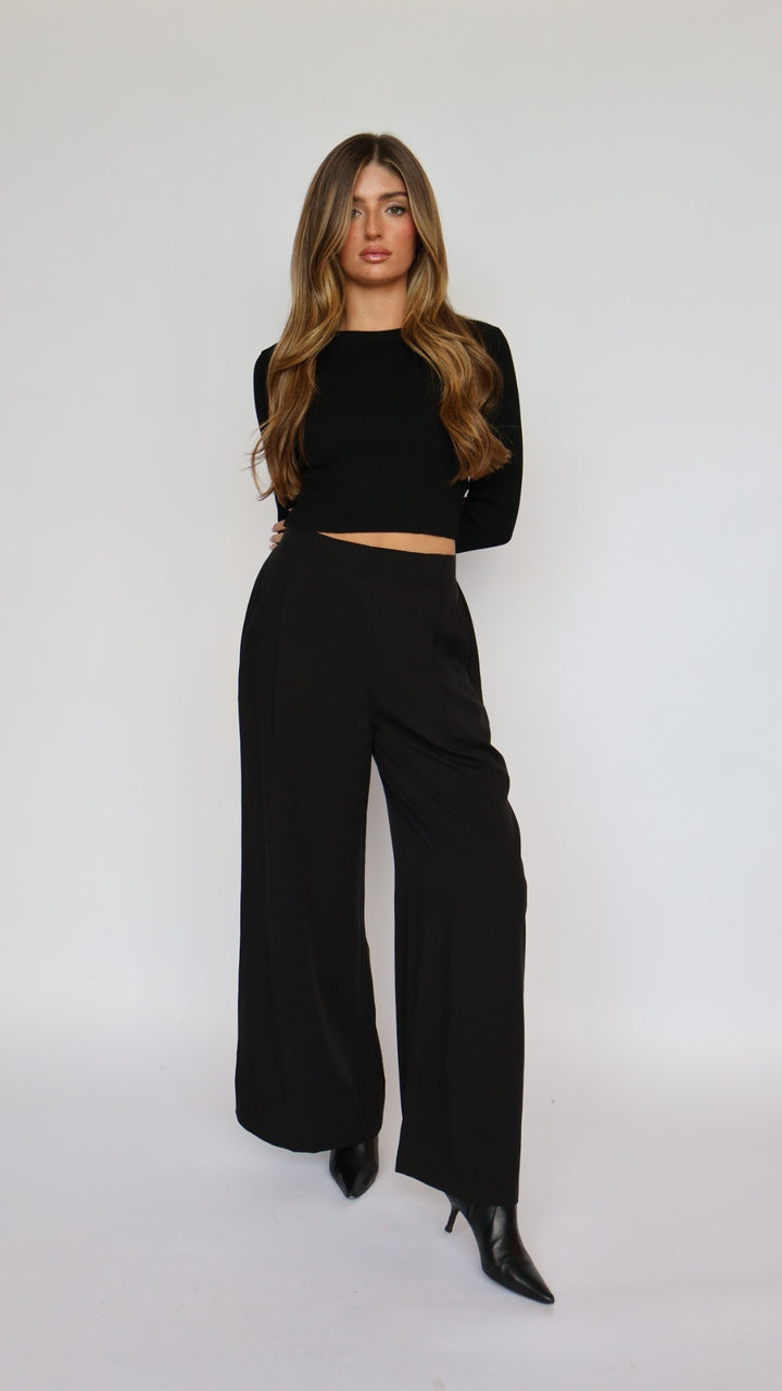 Wide Leg Flat Front Pants With Elastic Waist