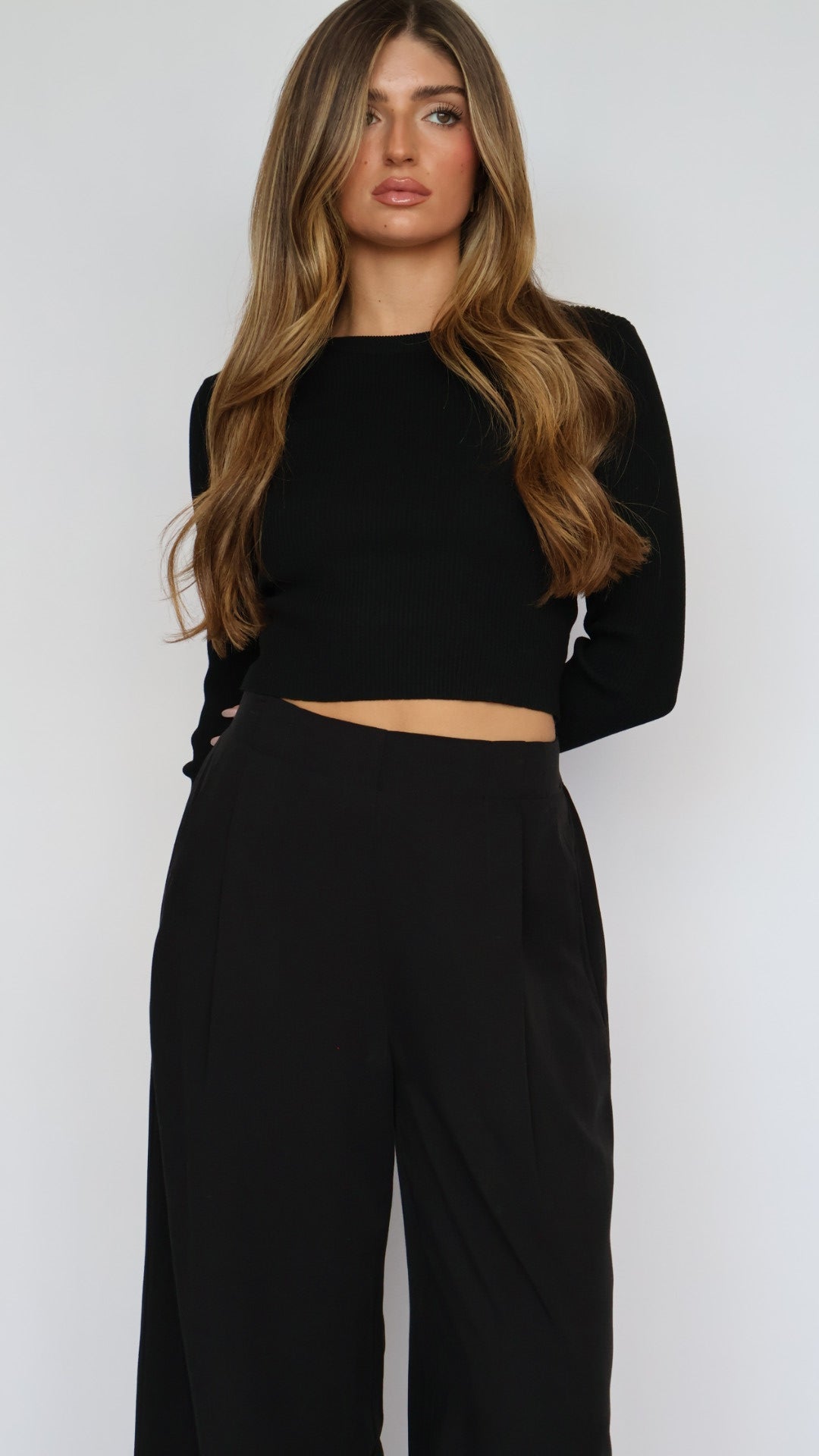 Wide Leg Flat Front Pants With Elastic Waist