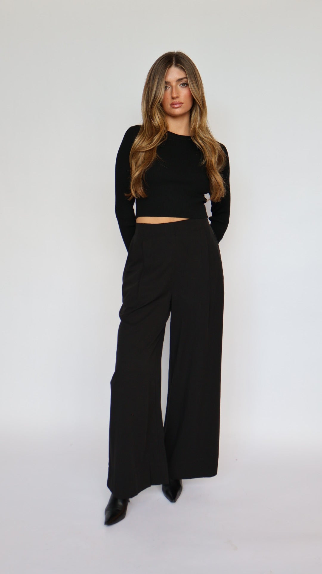 Wide Leg Flat Front Pants With Elastic Waist