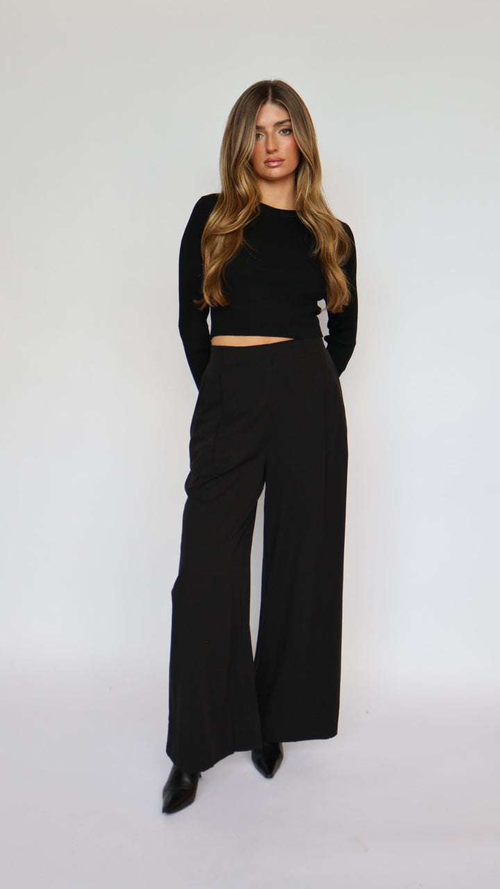 Wide Leg Flat Front Pants With Elastic Waist