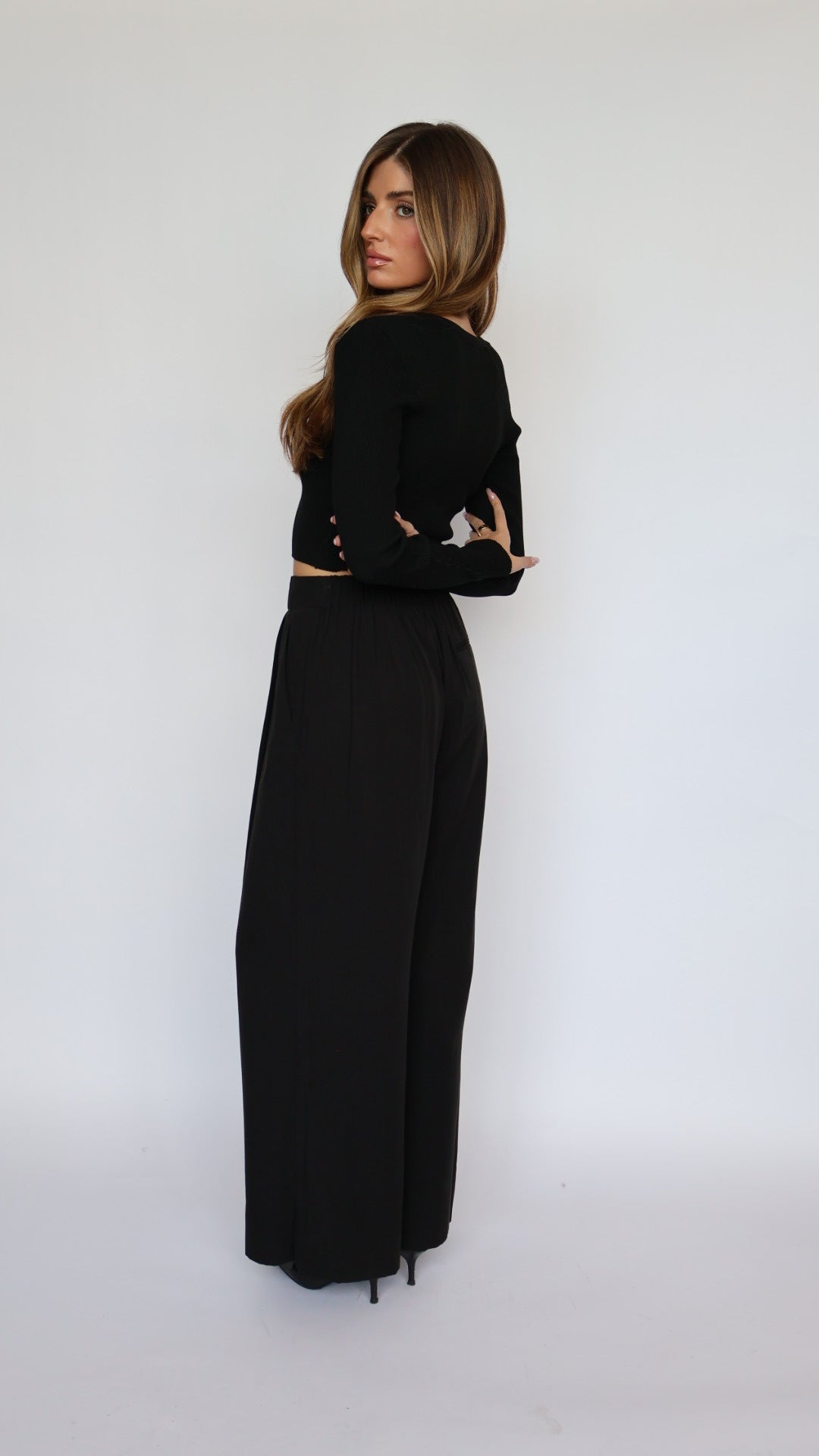 Wide Leg Flat Front Pants With Elastic Waist